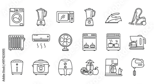 Comprehensive outline icon collection of various modern home appliances such as washing machine blender microwave oven toaster air conditioner fan coffee maker with rice cooker air fryer daily life