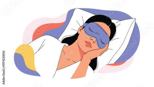 Peaceful young woman resting comfortably in bed while wearing a blue sleep mask to ensure a deep and restful night of sleep.