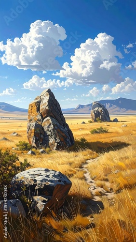 A serene landscape with large rocks and a pathway