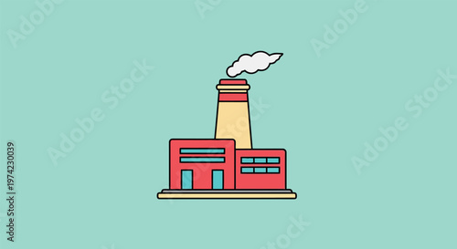 Flat design illustration of an industrial factory building with a smoking chimney symbolizing manufacturing production industrial sector activity area building industry