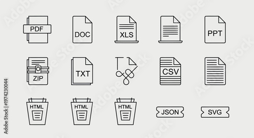 Set of minimal line art icons illustrating common digital document and file formats including pdf doc xls ppt zip txt CSV html json SVG for web and data with document information computer software