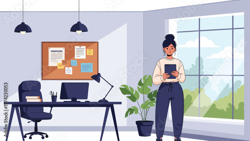 Confident female professional standing in a modern office space holding a digital tablet with a bulletin board and window nearby.