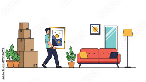 Young man carrying a framed painting while moving into a new apartment filled with cardboard boxes and stylish furniture.