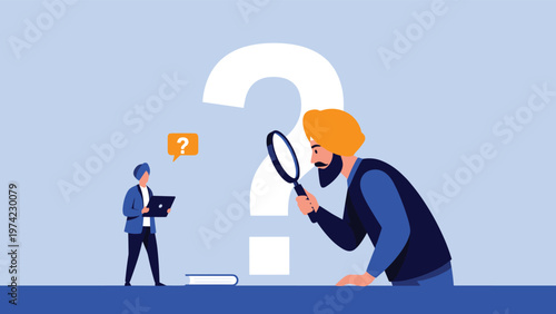 Curious individuals exploring information and seeking answers while standing in front of a giant glowing question mark symbol.