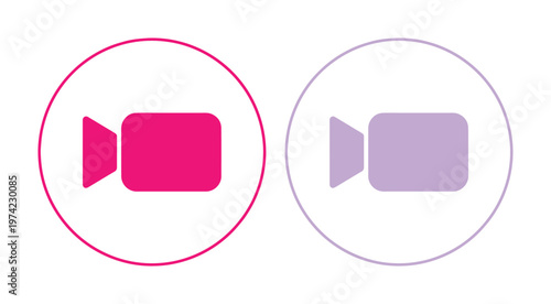 Minimalist video camera icons in pink and purple circles, flat movie recorder symbols for web and app interfaces, digital media player buttons