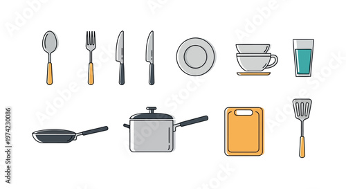 Set of colorful outline icons representing essential kitchenware and tableware items such as cutlery plates bowls glasses cooking pans cutting boards spatulas with cutting board, cooking utensil