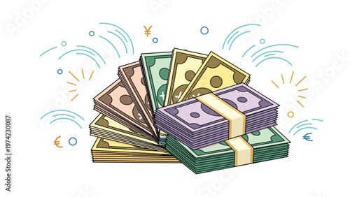 Colorful fan of various international banknotes and stacks of cash representing global wealth, investment, and financial success.