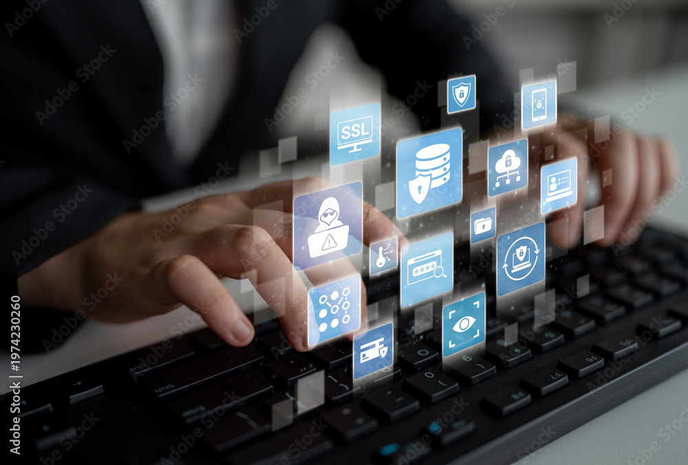 Obraz premium Data privacy and cyber security icons show encryption, data privacy safeguards, and cyber security defense. Data privacy ensures cyber security protection and access control. Entice