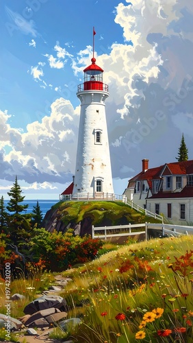 A serene lighthouse stands on a grassy hill