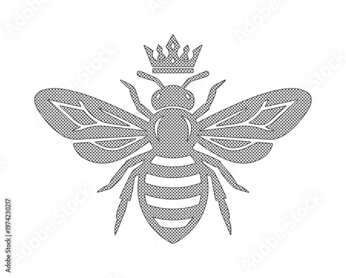 Vintage queen bee illustration with royal crown, heraldic honey bee vector emblem, elegant grey insect logo for luxury branding and organic honey labels