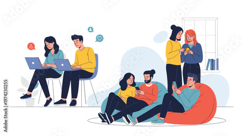 Diverse group of young professionals and students collaborating and relaxing while using their laptops and smartphones in a common area.