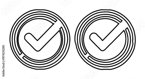 Minimalist check mark icons in circular frames, black line art validation symbols, set of 2 checkmark vector elements for interface design