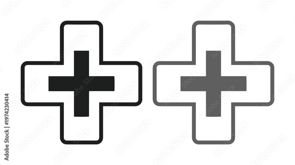 Obraz premium Minimalist medical cross icons, black and grey healthcare symbols, simple line art first aid signs for hospital and pharmacy branding