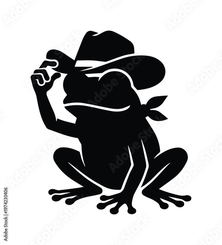 Cowboy frog silhouette vector illustration, western toad character wearing hat and bandana, black and white amphibian mascot for apparel design
