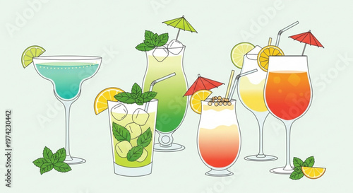 A colorful vector illustration of six cocktails with umbrellas and garnishes