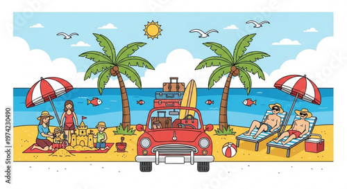 A colorful vector illustration of a family enjoying a beach vacation with a red car, palm trees, and a sunny sky.