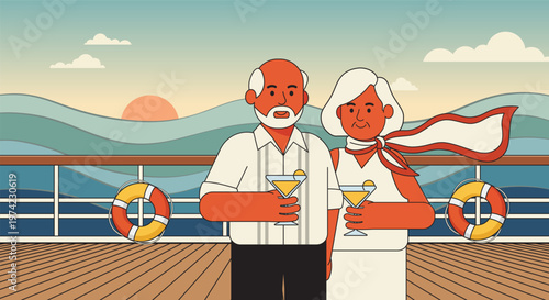 Senior man and woman on vacation. Cartoon elderly couple stands arm in arm on a cruise ship deck, over vibrant sunset and stylized waves. Ideal for retirement, travel, or romantic lifestyle visuals.