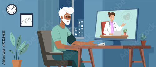 Illustration of an elderly man at home checking blood pressure during a telehealth appointment. A female doctor appears on the screen, guiding him through remote healthcare monitoring.