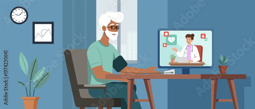 Illustration of an elderly man at home checking blood pressure during a telehealth appointment. A female doctor appears on the screen, guiding him through remote healthcare monitoring.