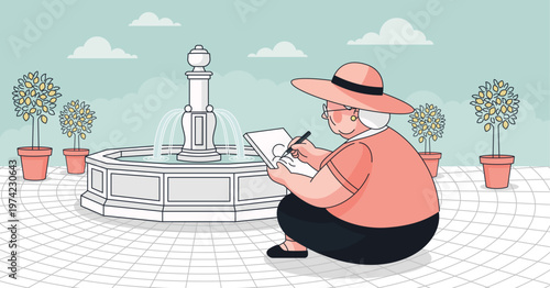 An elderly woman in a pink top and hat sketches in a notebook beside a fountain in a park with potted trees and tailed ground. Perfect for art and leisure themes, senior vacation.