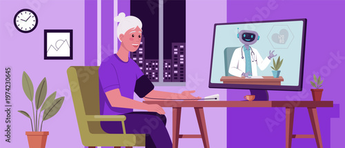 Elder woman checking blood pressure at home during an online telemedicine consultation with robot virtual doctor on a computer screen, symbolizing modern digital healthcare solutions.