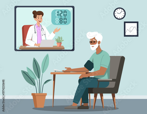 Illustration of an elderly man at home checking blood pressure during a telehealth appointment. A female doctor appears on the screen, guiding him through remote healthcare monitoring.