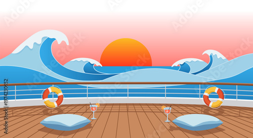 Serene illustrated cruise ship deck with wooden planks, railings, two lifebuoys, and gentle ocean waves under a soft sunset. Ideal for travel backgrounds, UI assets, or tranquil scene design.