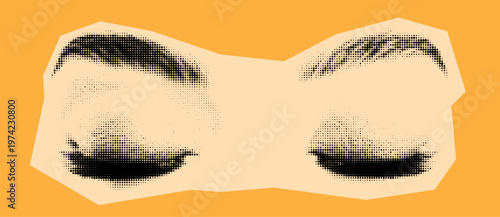Stylized halftone illustration of two closed eyes with defined brows and lashes, rendered in black dots against warm orange. Frontal closeup view of eyes made by dotted pattern.