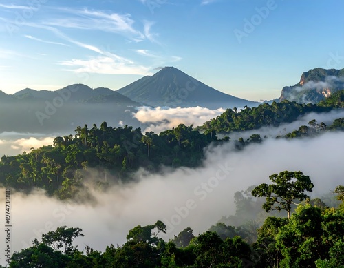 A serene mountain landscape with misty clouds and lush greenery