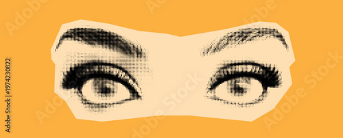 Retro collage dot halftone pattern. Bold halftone depiction of open eyes with lashes and brows, against orange. Beautiful halftone female eyes. Halftone dotted human sight retro cutout style.