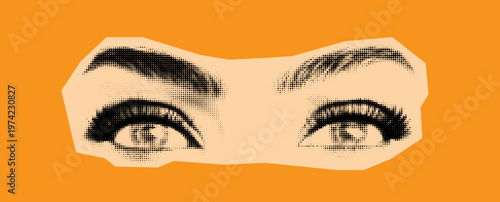 Retro collage dot halftone pattern. Bold halftone depiction of open eyes with lashes and brows, against orange. Beautiful halftone female eyes. Halftone dotted human sight retro cutout style.