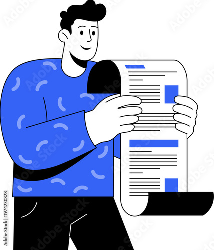 Cartoon man in a blue patterned sweater holds a document, bill, tax check, looking happy, smiling person. Ideal for illustrating good news, or unexpected information, tax paying, rising income.