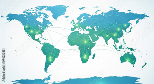 A vector graphic illustration of a world map with green highlighted connections between continents