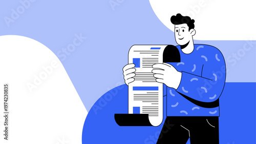 Cartoon man in a blue patterned sweater holds a document, bill, tax check, looking happy, smiling person. Ideal for illustrating good news, or unexpected information, tax paying, rising income.