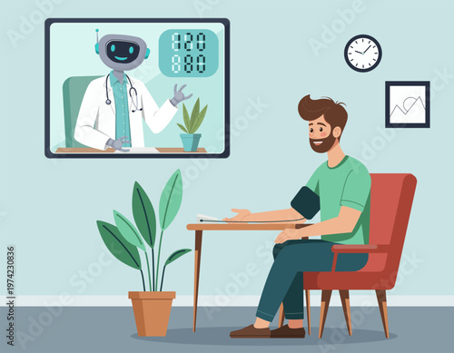 Illustration of a man checking blood pressure at home during an online telemedicine consultation with robot virtual doctor on a computer screen, symbolizing modern digital healthcare solutions.