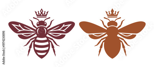 Vintage queen bee logo set, royal honey bee icons with crowns, elegant insect vector illustrations for organic honey branding and luxury packaging