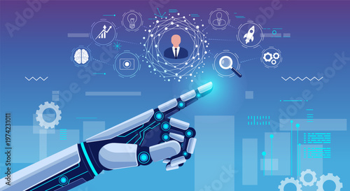 Futuristic blue technology robot hand points upward on HUD digital display. Futuristic robotic hand, surrounded by floating tech icons like gears, brain, chart, rocket.