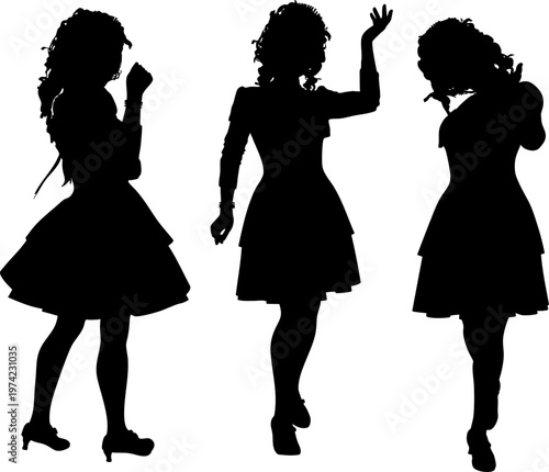 Black silhouette shows a girl in a flared dress and high heels, captured mid pose with one hand near her face. Perfect for fashion, dance, or youthful design projects.