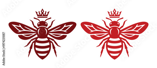Vintage queen bee heraldic logo set, royal honey bee icons with crown, red imperial bumblebee vector illustrations for luxury branding