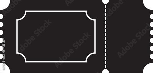 High contrast black ticket silhouette featuring standard notches and a vertical dashed perforation. Optimized for overlays, mockups, or dark mode interface elements.