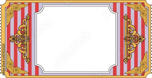 Vibrant vintage striped ticket background with golden ornate borders. Ideal for event tickets, promotional materials, or as a design element in carnival, festival, or retro projects.
