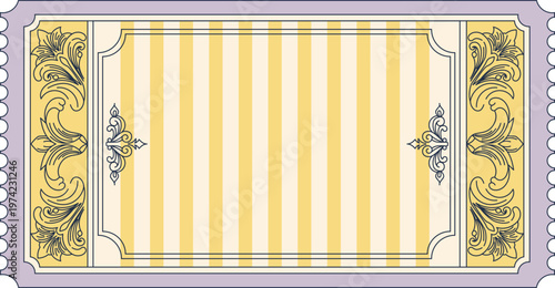 Vibrant vintage striped ticket background with golden ornate borders. Ideal for event tickets, promotional materials, or as a design element in carnival, festival, or retro projects.