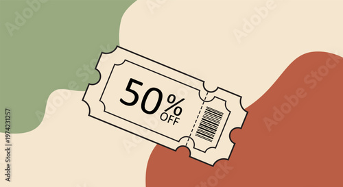A flat design coupon showing sale text and barcode, placed over soft abstract green and terracotta shapes. Ideal for social media promos, app banners, or modern marketing visuals.
