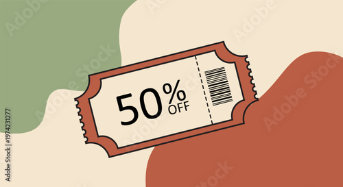 A flat design coupon showing sale text and barcode, placed over soft abstract green and terracotta shapes. Ideal for social media promos, app banners, or modern marketing visuals.