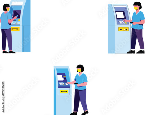 Woman wearing face mask using ATM machine for banking transaction money withdrawal and financial service character collection during pandemic