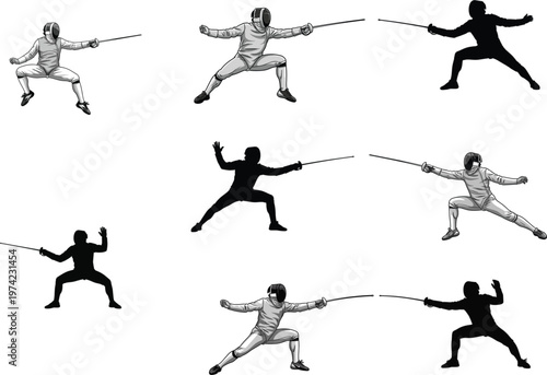 Fencing athlete silhouette and character collection for olympic sports competition athletic performance