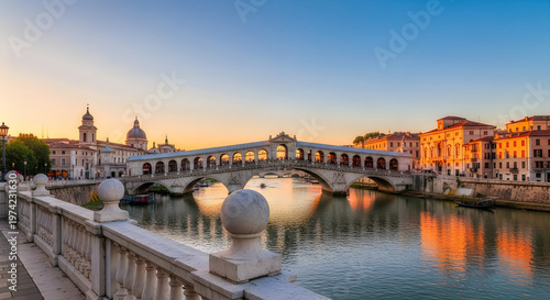 The historic rialto bridge in venice glows under a warm sunset sky in this beautiful cityscape.