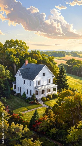 A serene white house surrounded by lush greenery and trees under a bright cloudy sky