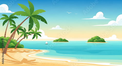 A serene tropical beach scene with palm trees and islands in the distance