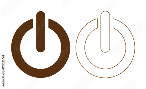 Minimalist power button vector icons, brown standby switch symbols in solid and outline styles, electronic start and shut down interface graphics